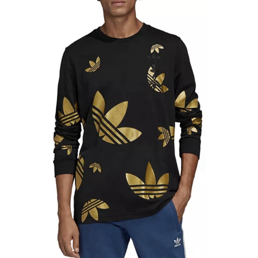Adidas Mens Metallic Gold Black‎ Trefoil Shirt Long Sleeves Size Medium